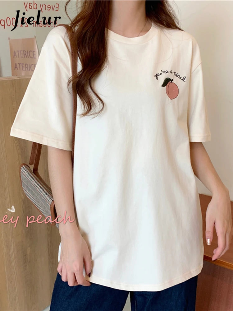 Loose Korean Style Summer T shirt Women Peach Embroidery Top Female Casual Short Sleeve Women's T-Shirts Apricot M-XL