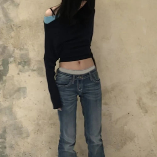 Load image into Gallery viewer, 2025 Women Knitted Patchwork Skew Collar T-shirts Y2k Aesthetic Batwing Sleeve Sexy Tops Streetwear Vintage Grunge Cropped Tees
