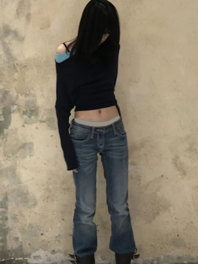 2025 Women Knitted Patchwork Skew Collar T-shirts Y2k Aesthetic Batwing Sleeve Sexy Tops Streetwear Vintage Grunge Cropped Tees