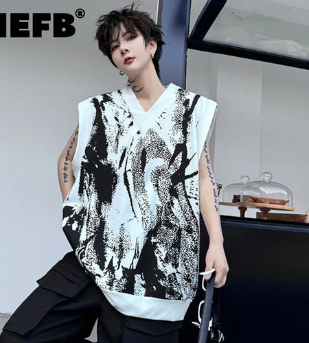 Summer V-neck Loose Men's Tank Top Geometric Print Pattern Pullover Contrast Color Male Top Sleeveless 9C5503