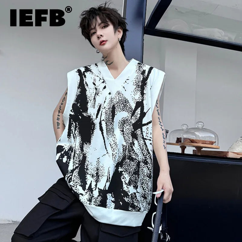 Summer V-neck Loose Men's Tank Top Geometric Print Pattern Pullover Contrast Color Male Top Sleeveless 9C5503