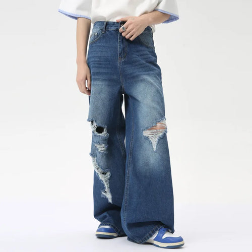 Load image into Gallery viewer, Personality Male Straight Jeans Hole Worn-out Loose Wide Leg Denim Pants Washed Casual Men&#39;s Trousers Summer 9C6281
