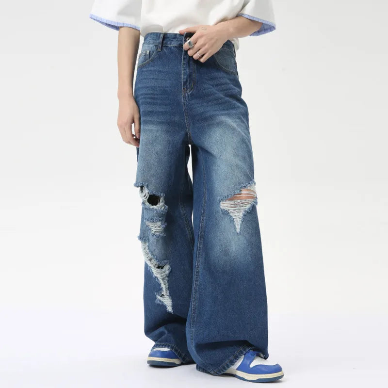 Personality Male Straight Jeans Hole Worn-out Loose Wide Leg Denim Pants Washed Casual Men's Trousers Summer 9C6281