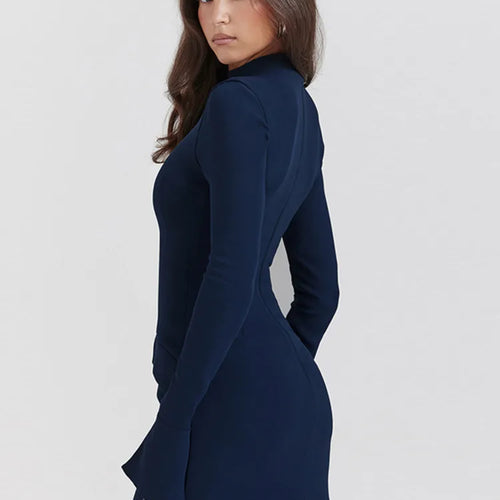 Load image into Gallery viewer, Dark Blue Two Pocket Sexy Mini Dress For Women 2023 Autumn Winter New Long Sleeve Bodycon Club Party Dress Elegant
