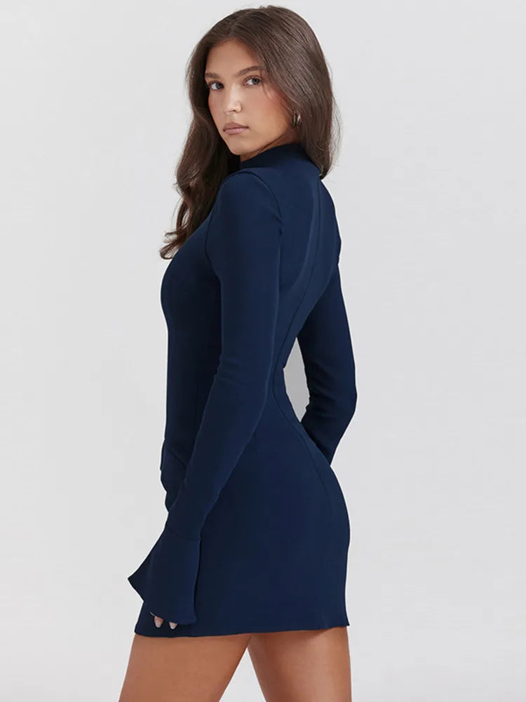 Dark Blue Two Pocket Sexy Mini Dress For Women 2023 Autumn Winter New Long Sleeve Bodycon Club Party Dress Elegant