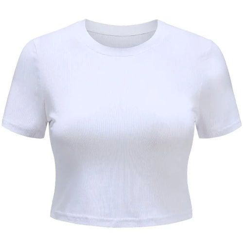 Load image into Gallery viewer, O Neck Knit White Crop Top Women Summer Casual T Shirt Basic Sexy Streetwear Ribber Black Short Sleeve Tops
