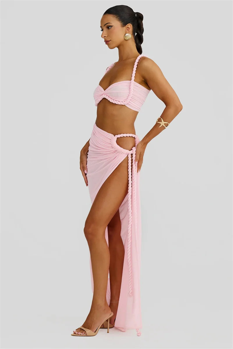 Summer Beach Sexy Two Piece Sets Women Strapless Crop Tops And Maxi Skirt Female Elegant Vacation Club 2 Piece Set