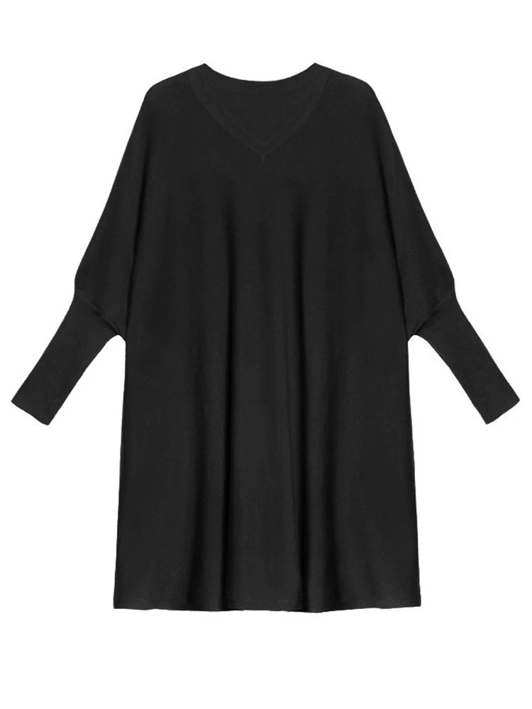 Women Blue Knitting Big Size Mini Dress New V-Neck Long Batwing Sleeve Loose Fit Fashion Tide Spring Autumn 2025 1DF9758