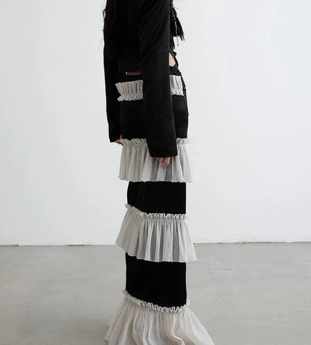 Hit Color Spliced Ruffles Slimming Skirts For Women High Waist Temperament Split Skirt Female Fashion Style Clothes