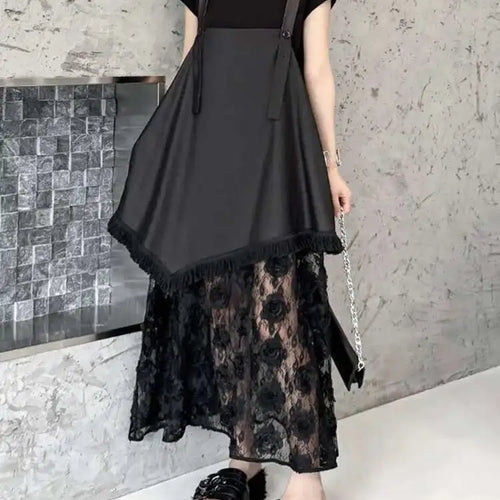 Load image into Gallery viewer, Women Black Hem Lace Denim Elegant Big Size Strap Dress New Square Collar Sleeveless Fashion Spring Autumn 2025 1DH6630
