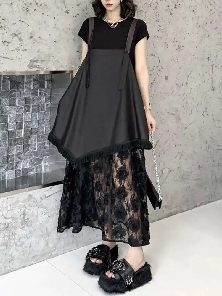 Women Black Hem Lace Denim Elegant Big Size Strap Dress New Square Collar Sleeveless Fashion Spring Autumn 2025 1DH6630