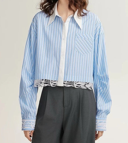 Hit Color Slimming Spliced Striped Shirts for Women Lapel Long Sleeves Patchwork Lace Temperament Shirt Female New