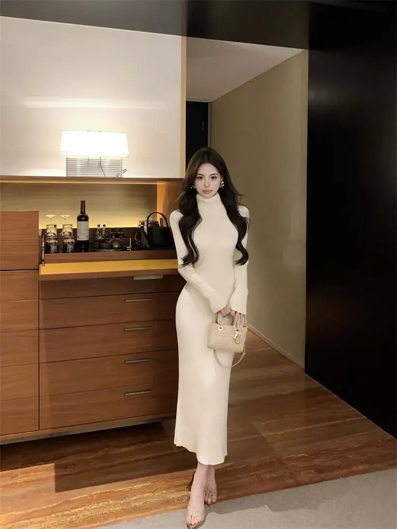 New Solid High Collar Long Sleeve Festival Knitted Dress Autumn Winter French Fashion Slim Long Sleeves Elegant Wrap Hip Dresses