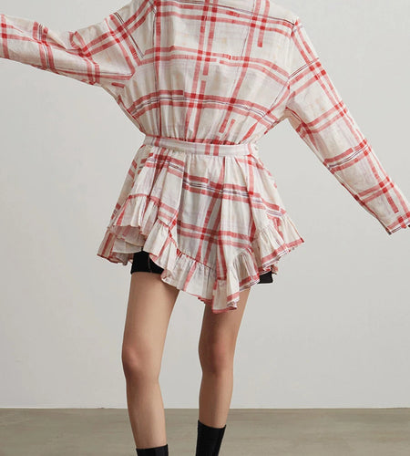 Hit Color Check Loose Dresses For Women O Neck Long Sleeve High Waist Temperament Mini Dress Female Fashion Style