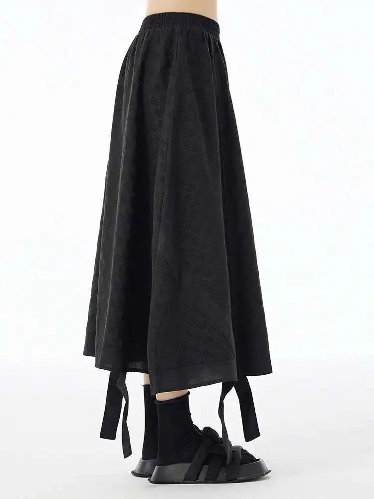 High Elastic Waist Black Tie Dye Ribbons Spliced A-line Half-body Skirt Women Fashion Tide New Spring Autumn 2025 1DH6608