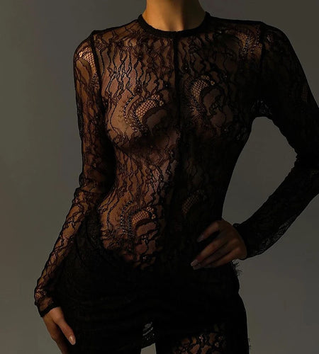 Sexy Lace Long Sleeve Lace Up Jumpsuit Women Transparent Slim Fit Ribbon Jumpsuit Female Nightclub Party Clothing Autumn