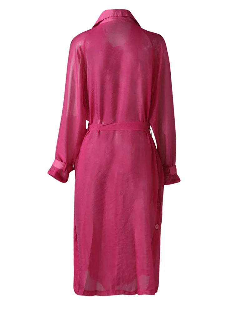 Women Rose Red Mesh Perspective Big Size Long Trench New Lapel Long Sleeve Windbreaker Fashion Spring Autumn 2025 5R4385