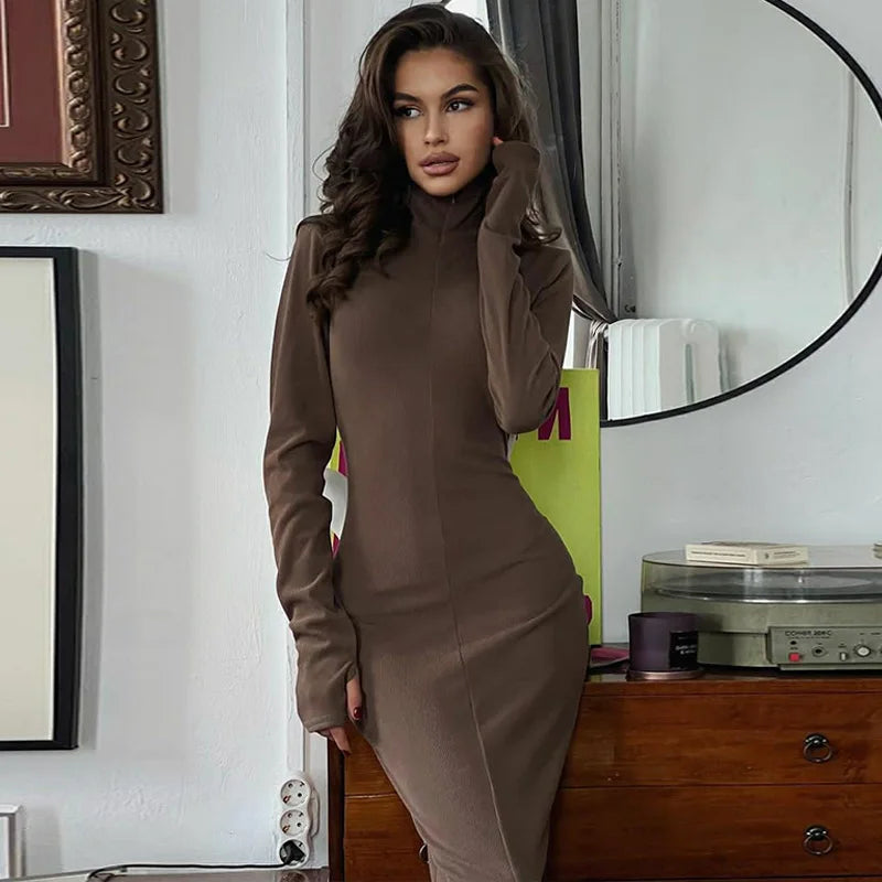 Elegant Turtleneck Long Sleeve Bodycon Long Dress For Women Autumn Winter New Ribbed Zipper Long Dress Fashion Clothes