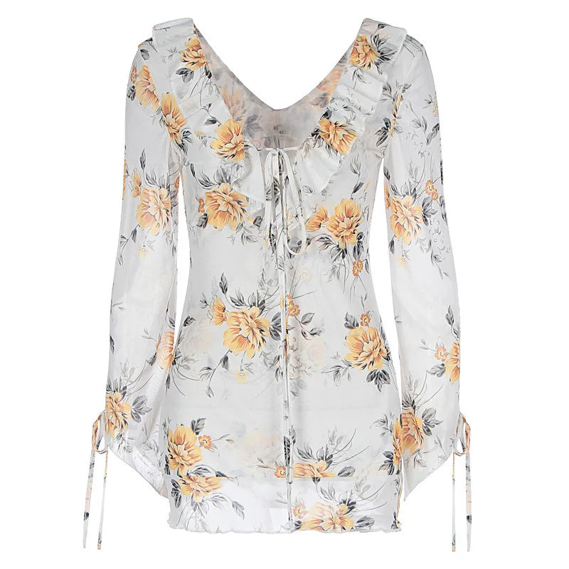 Sexy Long Sleeve Flower Deep V-neck Print Backless Mini Dress For Women Slim Lace-Up Club Party Dress Ladies Outfits