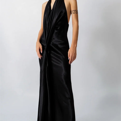 Load image into Gallery viewer, Satin Deep V Neck Backless Sexy Maxi Dress Women Elegant Halter Sleeveless Lace-up High Waist Draped Ruched Long Dress
