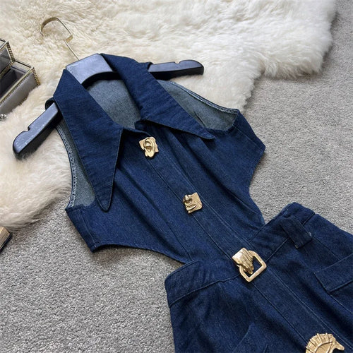 Load image into Gallery viewer, Women Summer Retro Turn-down Collar Denim Dress Hollowed Out Split High Waist Jeans Skirts
