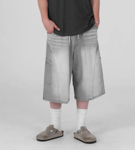 Men's Cargo Denim Shorts New Summer Loose Mid Length Pants Korean Solid Color Trendy Elastic Waist Male Bottoms 9W1639