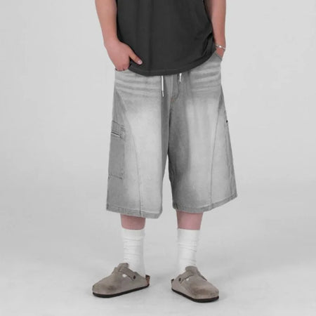 Men's Cargo Denim Shorts New Summer Loose Mid Length Pants Korean Solid Color Trendy Elastic Waist Male Bottoms 9W1639