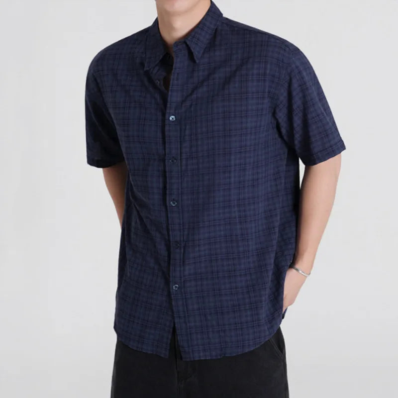 Men's Plaid Short Sleeve Shirts New Summer Single Breasted Korean Handsome Turn-down Collar Trendy Male Clothing 9W1633