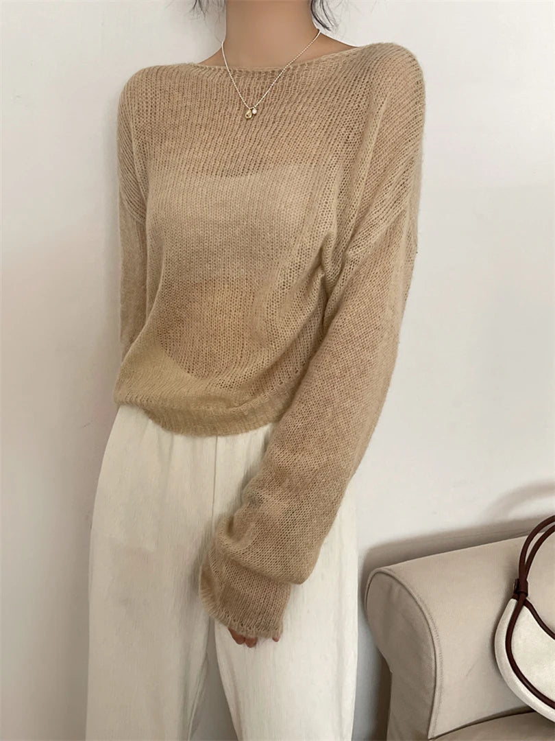 Thin Beige Big Size Knitting Sweater Round Neck Long Sleeve Women Pullovers New Fashion Tide Spring Summer 2025 1DF0250