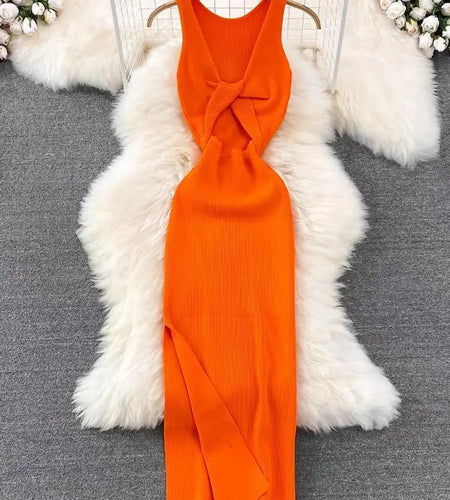 Korean Solid Knitted Split Long Dress Summer Women V Neck Sleeveless Kink Sexy Club Slim Bodycon Wrapped Hip Dress Vestidos Chic