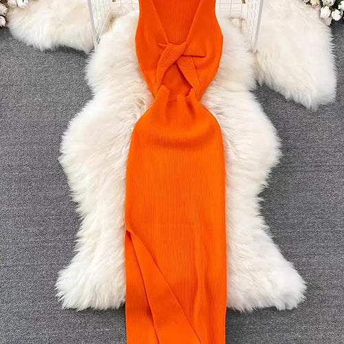 Load image into Gallery viewer, Korean Solid Knitted Split Long Dress Summer Women V Neck Sleeveless Kink Sexy Club Slim Bodycon Wrapped Hip Dress Vestidos Chic
