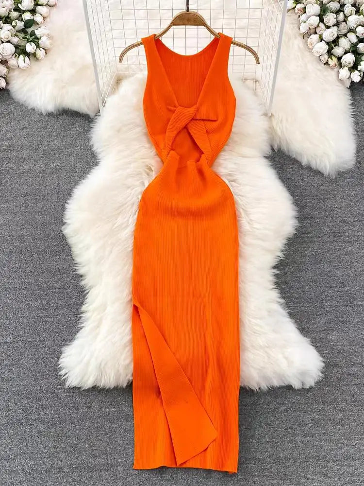 Fashion Women's Solid V Neck Elegant Sexy Club Slim Vest Long Dress Summer Vacation Backless Sleeveless Split Knitted Dress Chic