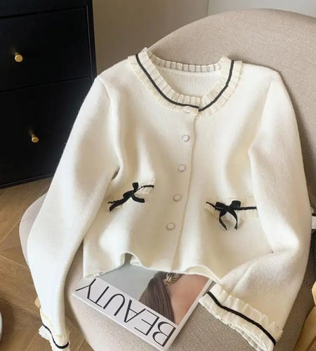 2024 Autumn Winter New Fashion Vintage Sweet Bow Top Women French Ruffles Round Neck Patchwork Temperament Cardigan Sweater Coat