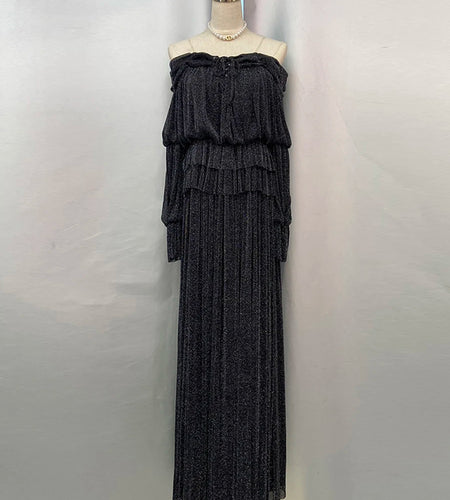 Solid Spliced Lace Up Loose Dresses For Women Slash Neck Long Sleeve High Waist Temperament Long Dress Female New