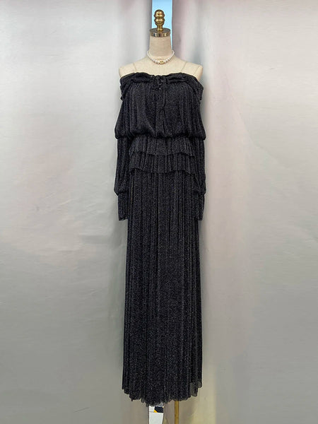 Solid Spliced Lace Up Loose Dresses For Women Slash Neck Long Sleeve High Waist Temperament Long Dress Female New