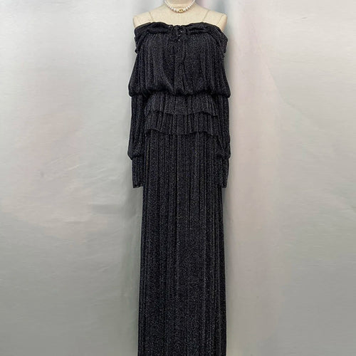 Load image into Gallery viewer, Solid Spliced Lace Up Loose Dresses For Women Slash Neck Long Sleeve High Waist Temperament Long Dress Female New
