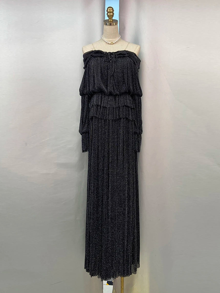 Solid Spliced Lace Up Loose Dresses For Women Slash Neck Long Sleeve High Waist Temperament Long Dress Female New