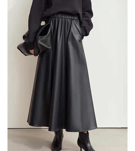 Minimalist Commuter Chic Skirt for Women 2024 Winter PU Elastic Waist Leather Multi-piece Patchwork Umbrella Skirt 12444168