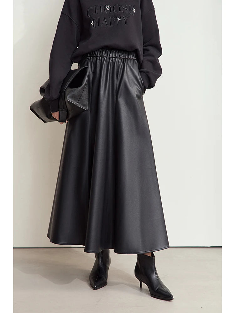 Minimalist Commuter Chic Skirt for Women 2024 Winter PU Elastic Waist Leather Multi-piece Patchwork Umbrella Skirt 12444168