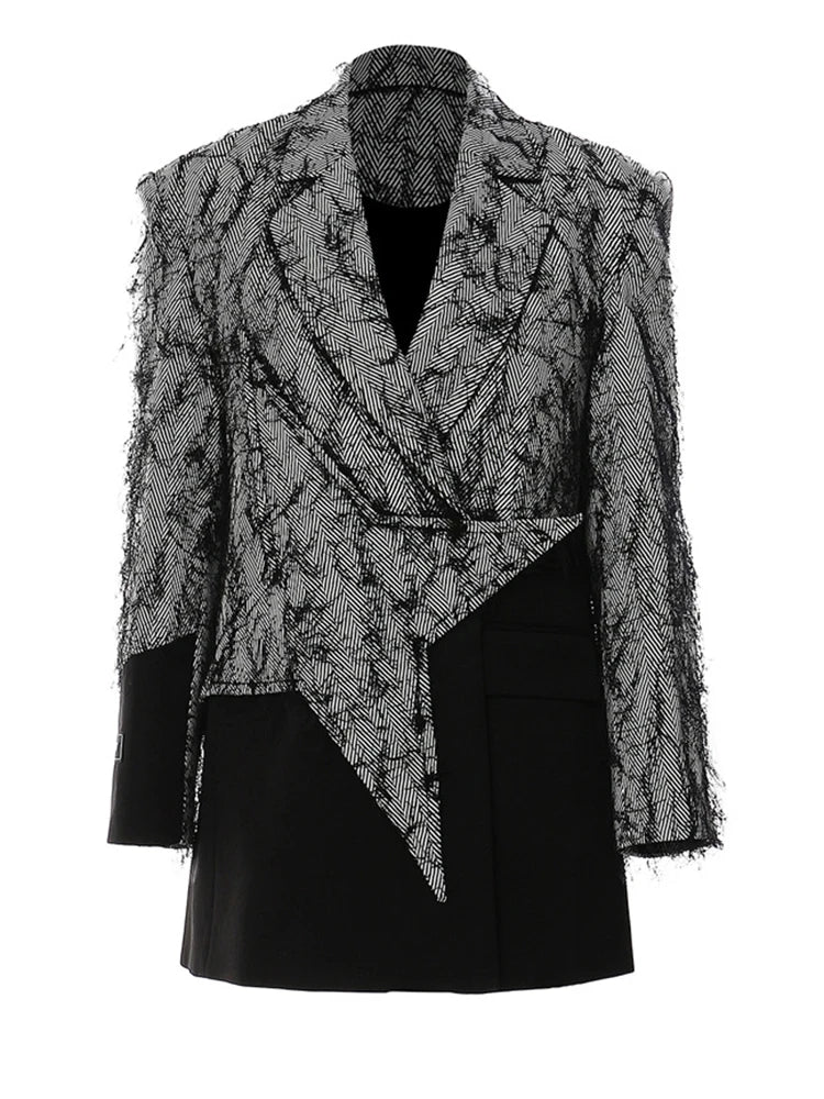 Women Black Color-block Tassels Big Size Blazer New Lapel Long Sleeve Loose Fit Jacket Fashion Spring Autumn 2025 1DH2129