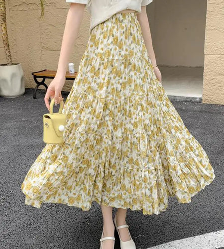 Spring Summer Fashion Sweet Retro Yellow Print Slim Vacation Long Skirt Women High Waist Elegant Pleated Skirt Popular Bohemian