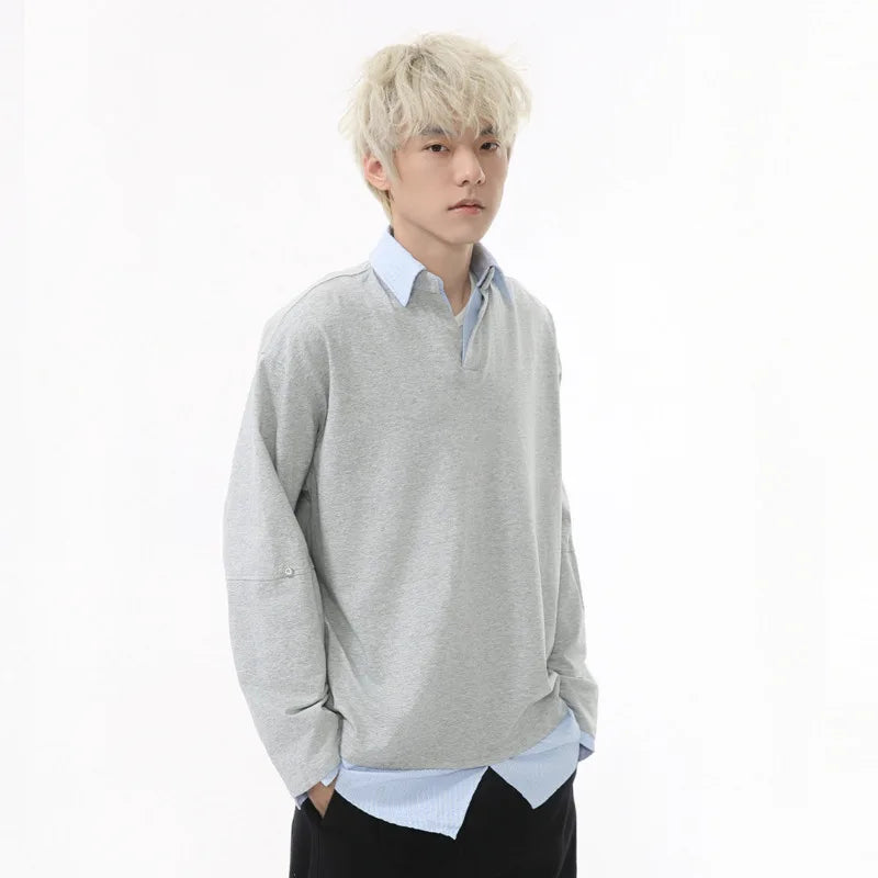 Men's T-shirts New Style Fake Two-piece Patchwork Contrast Color Splicing Lapel Long Sleeved Loose Top Summer 9W1603