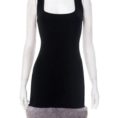 Load image into Gallery viewer, Patchwork Fur Hem Sexy Mini Dress Women Robe Fashion Black Summer New Sleeveless Backless Slim High Waist Sheath Dress
