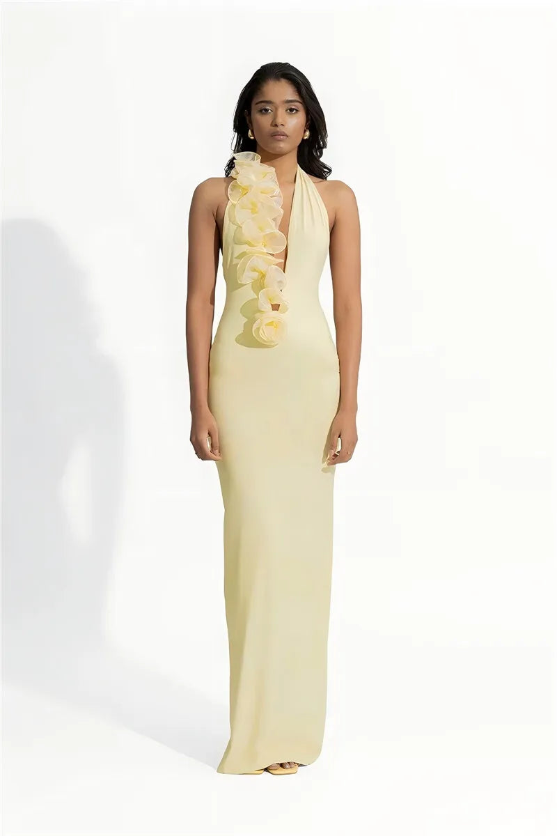 Mesh Rose Deep V Neck Sexy Maxi Dress For Women Gown Elegant Halter Sleeveless Backless Bodycon Club Party Long Dress