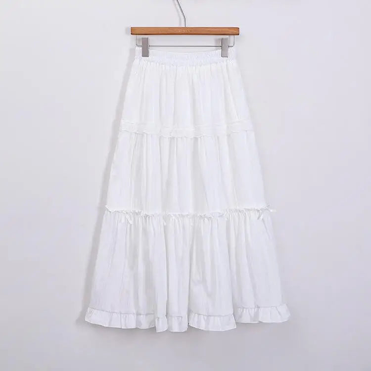 Spring Summer Sweet Retro Beige Pink Temperament Ruffle Edge Cake Long Skirt Women Black White Lace High Waist Party Club Skirts