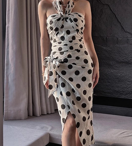 Fashion Wave Point Two Piece Sets for Women Halter Sleeveless Top High Waist Patchwork Bowknot Skirt Set Female New