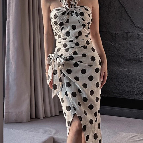 Load image into Gallery viewer, Fashion Wave Point Two Piece Sets for Women Halter Sleeveless Top High Waist Patchwork Bowknot Skirt Set Female New
