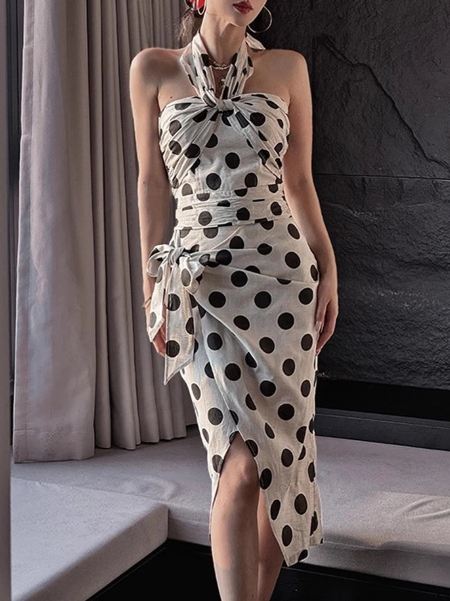 Fashion Wave Point Two Piece Sets for Women Halter Sleeveless Top High Waist Patchwork Bowknot Skirt Set Female New