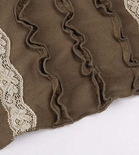 2000s Fairy Grunge Crop Top Women V Neck Lace Patchwork Ruffle Trim Long Sleeve T Shirt Emo Gothic Clothes Streetwear