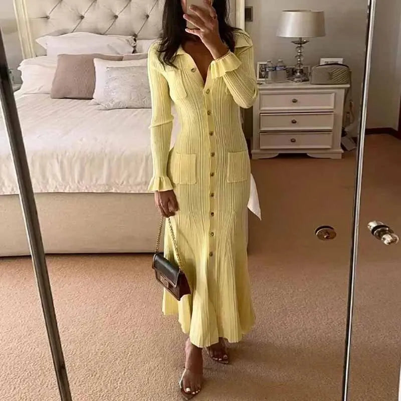 Autumn New 2024 French Black Elegant Single Breasted Long Sleeve Knit Dresses For Women Beige Slim Fashion Ruffles Pleated Dress